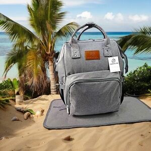 Stylish Gray Multi-Function Diaper Bag Backpack with Changing Pad.
